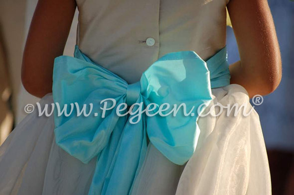 Tiffany blue and bisque silk and organza flower girl dresses Style 326