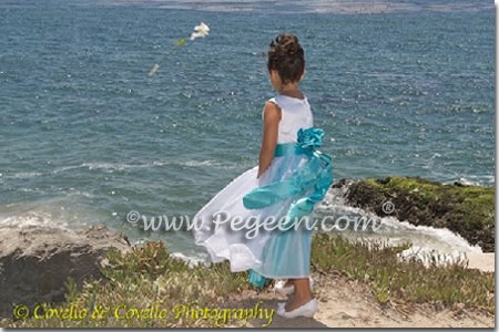 Antique White and Tiffany Blue Silk and Organza Flower Girl Dress  -  Pegeen Style 313