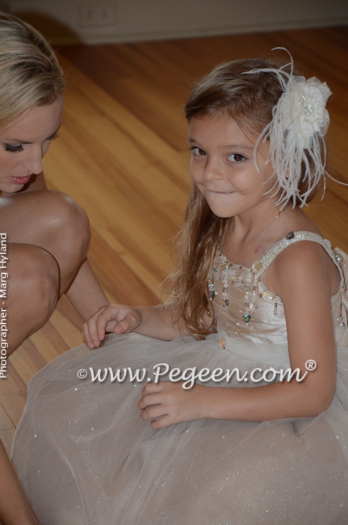 Toffee silk and tulle and Swarovski crystals flower girl dresses