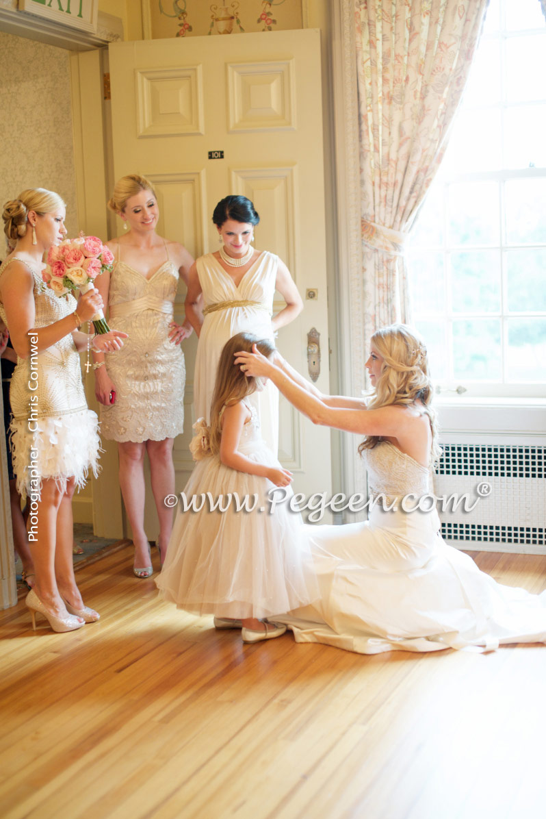 Toffee silk and tulle and Swarovski crystals flower girl dresses