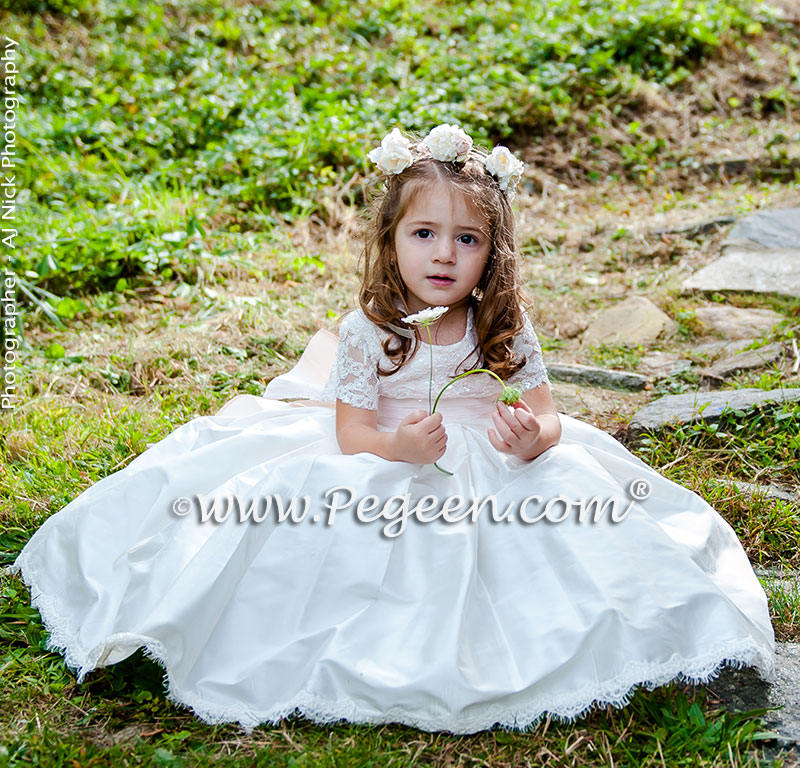 2016 Garden Wedding/ Flower Girl Dress Runner-Up in Ivory and Champagne Pink with Aloncon Lace Trim and Silk Flowers