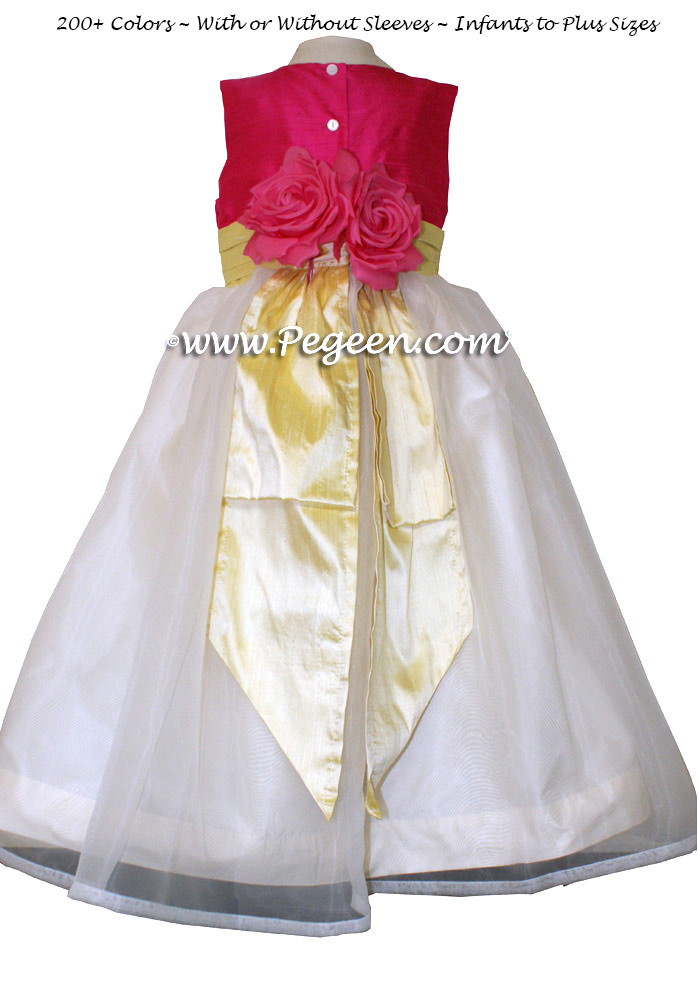 Ivory, Cerise (hot pink) and Lemonade (yellow) Flower Girl Dresses with Back Flowers