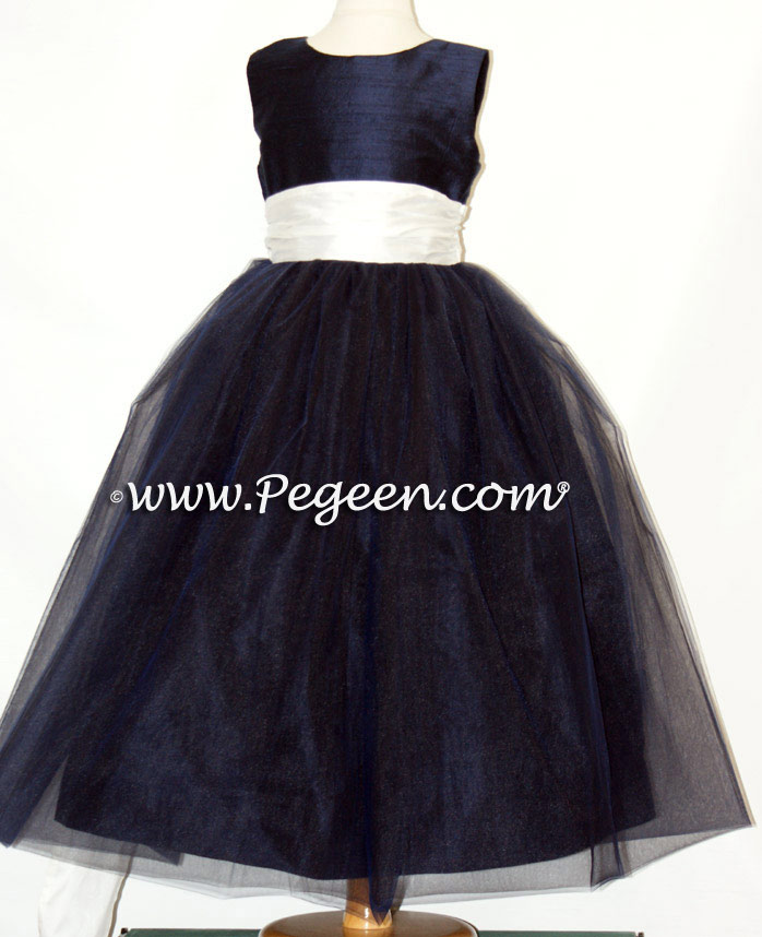 Ivory and Navy Ballerina Flower Girl Dresses With Navy Tulle Ivory and Navy Ballerina Flower Girl Dresses With Navy Tulle
