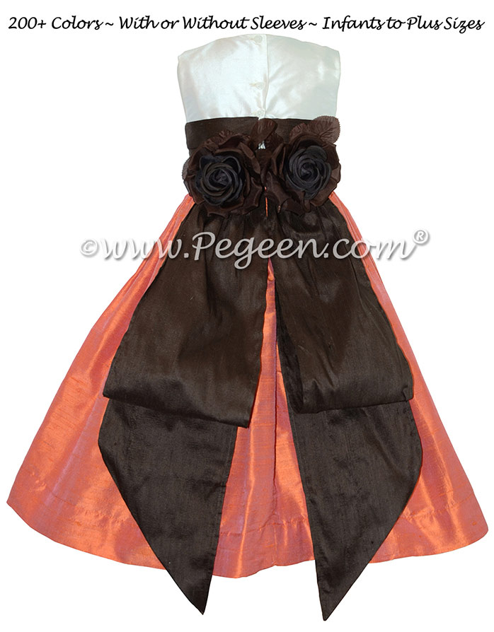 Chocolate brown, mango orange and new ivory flower girl dresses Style 383