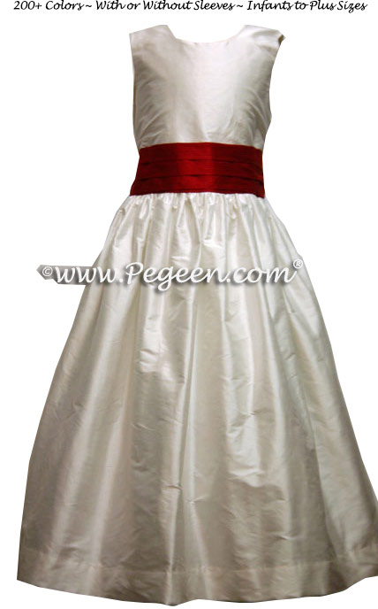 Claret Red and White Custom Silk Flower Girl Dress Style 398