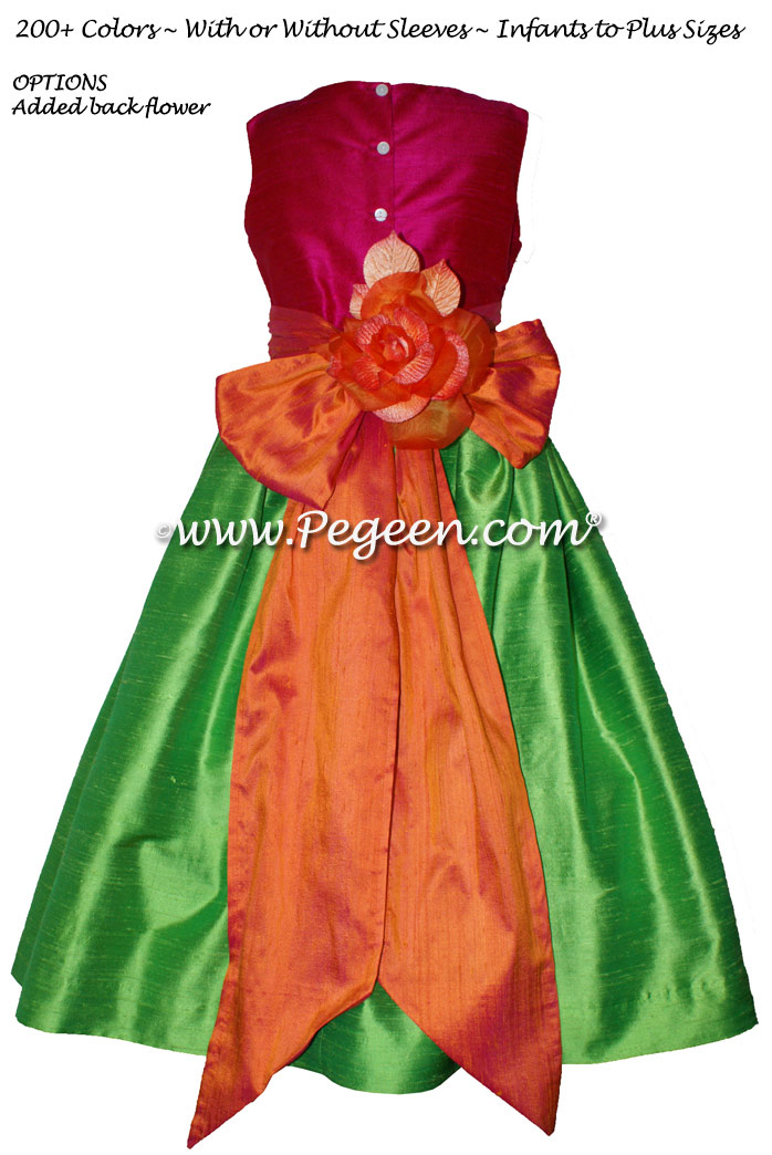 Green, purple, pink and orange flower girl dress