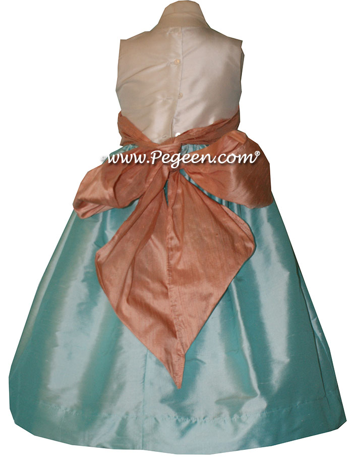 Tiffany blue ( Pond ) and Peach sash flower girl dresses style 398