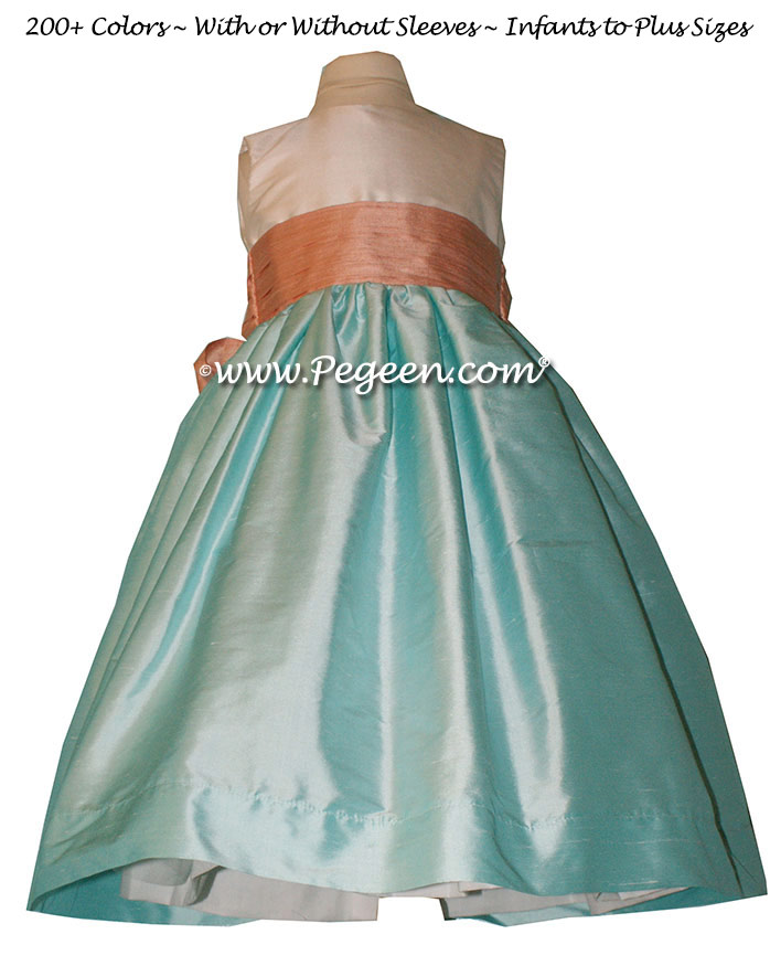 Tiffany blue ( Pond ) and Peach sash flower girl dresses style 398