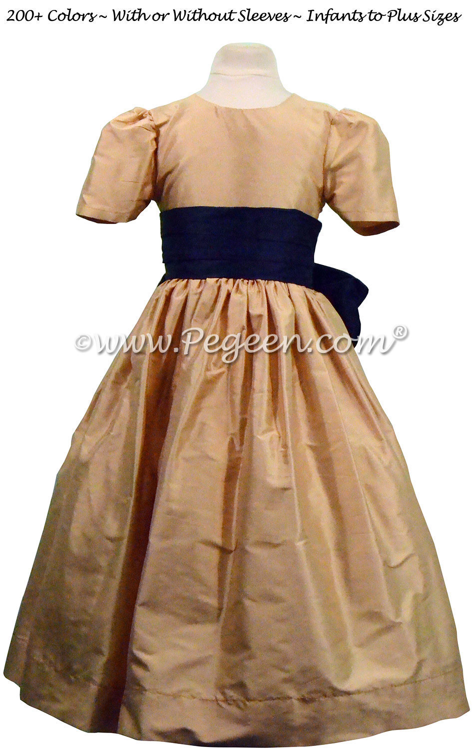 Navy and Spun Gold Flower Girl Dress Style 398 by Pegeen