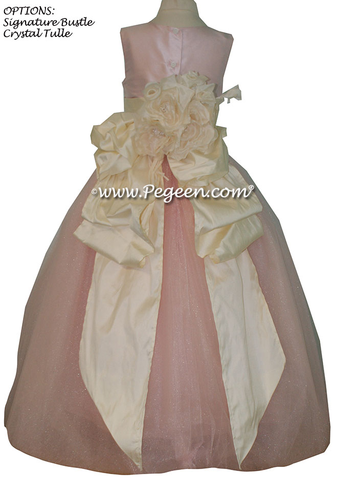 Bisque (creme) and Ballet Pink silk and tulle flower girl dress