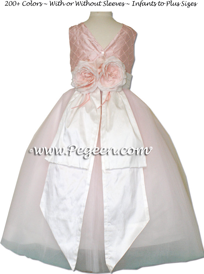 Pegeen's petal pink silk with trellis pintucks and pearls Tulle FLOWER GIRL DRESSES with 10 layers of tulle