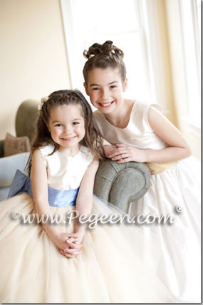 Ivory and Blue and Gold Silk ballerina tulle flower girl dresses