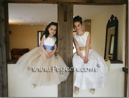 Ivory and Blue and Gold Silk ballerina tulle flower girl dresses