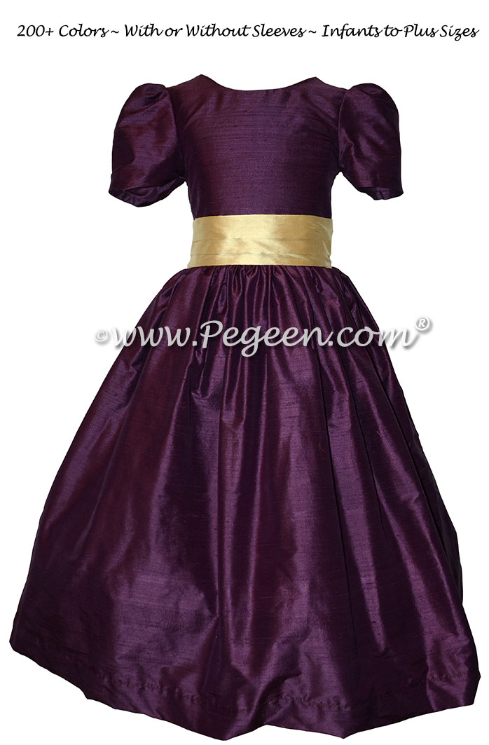Eggplant and Pure Gold Silk Flower Girl Dresses Style 398 | Pegeen