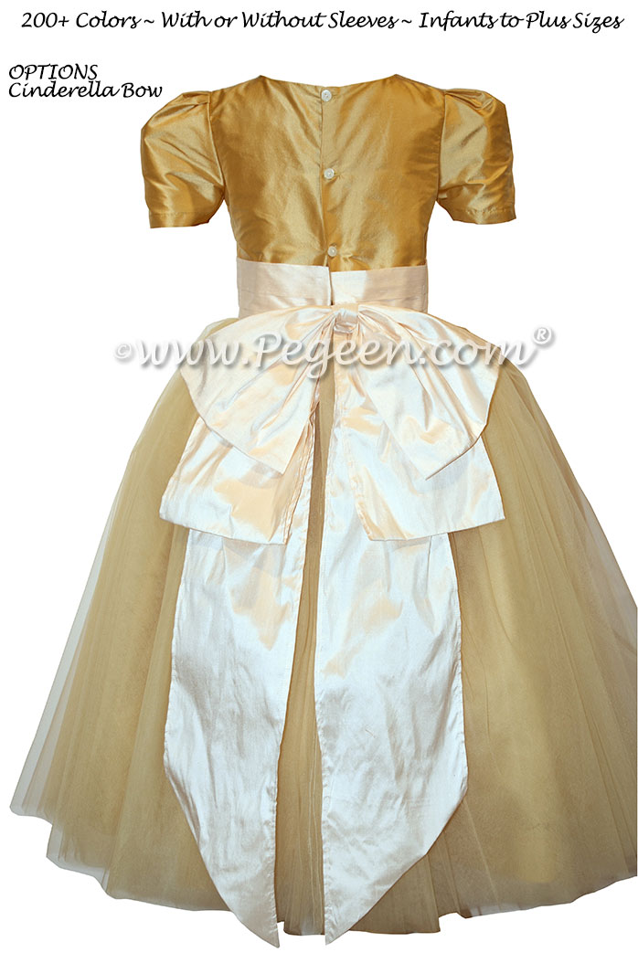 Pure Gold and New Ivory Silk and Tulle Silk Style 402 Flower Girl Dresses with Cinderella Bow | Pegeen