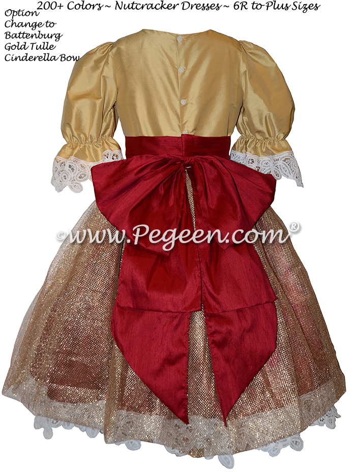 Cranberry and Gold Tulle and Silk Nutcracker Party Scene Dresses