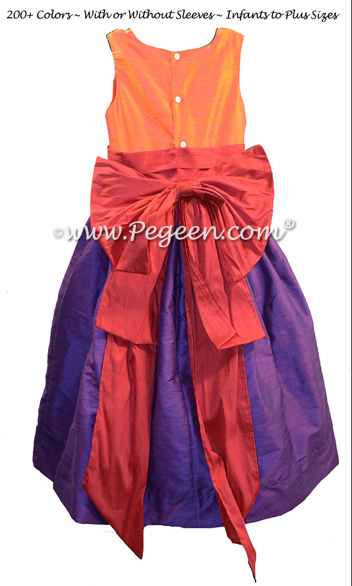 Purple, lipstick pink and mango orange flower girl dress