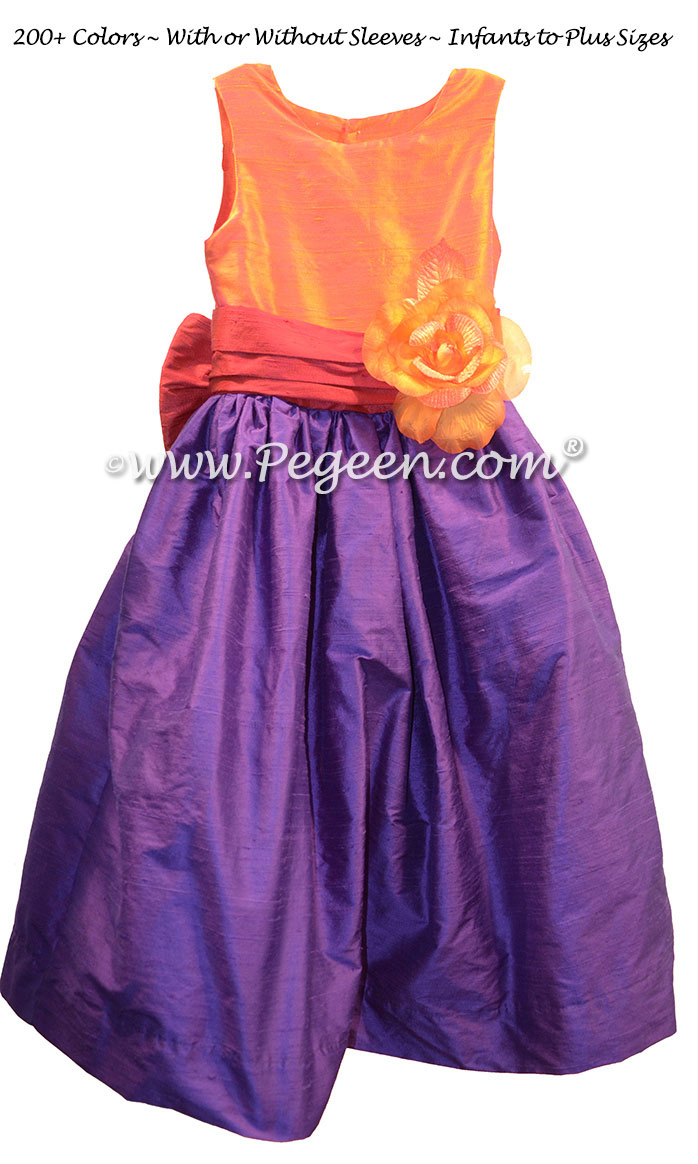 Green, purple, pink and orange flower girl dress