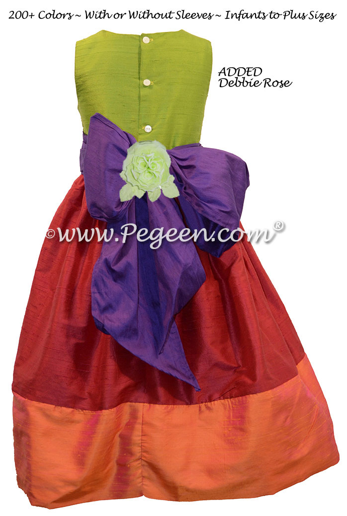 Green, purple, pink and orange flower girl dress