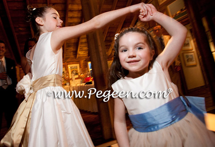 Ivory and Blue and Gold Silk ballerina tulle flower girl dresses