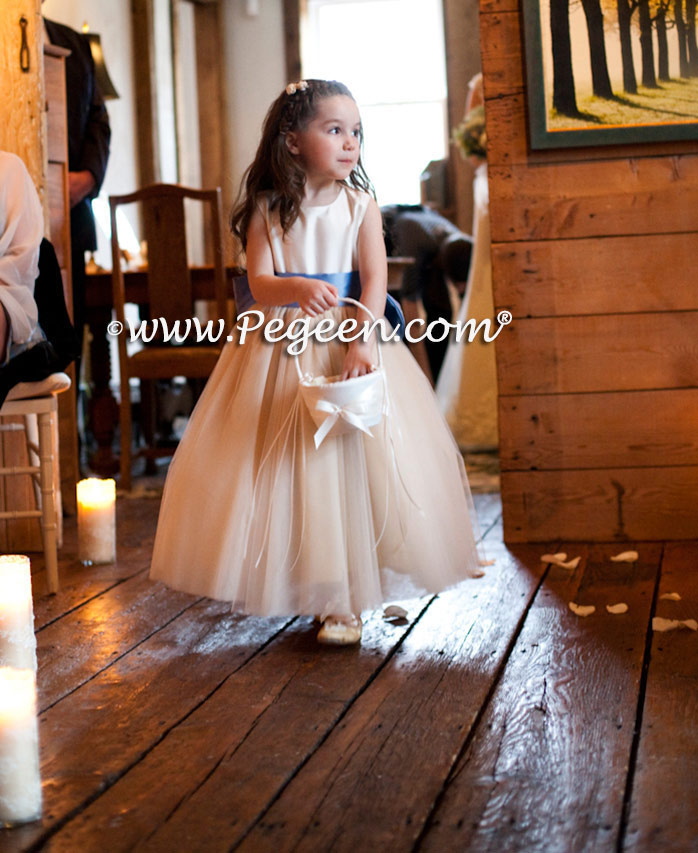 Ivory and Blue and Gold Silk ballerina tulle flower girl dresses