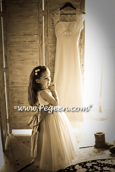 Ivory and Blue and Gold Silk ballerina tulle flower girl dresses