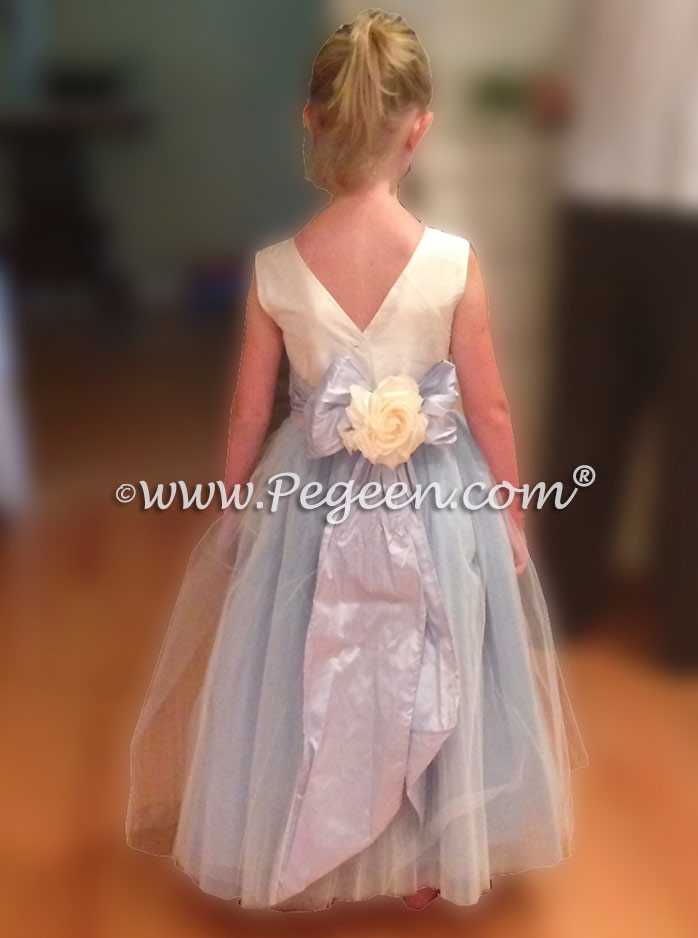 Bisque and Baby Blue Silk and Tulle Flower Girl Dresses | Pegeen