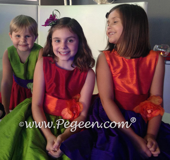 Green, purple, pink and orange flower girl dress