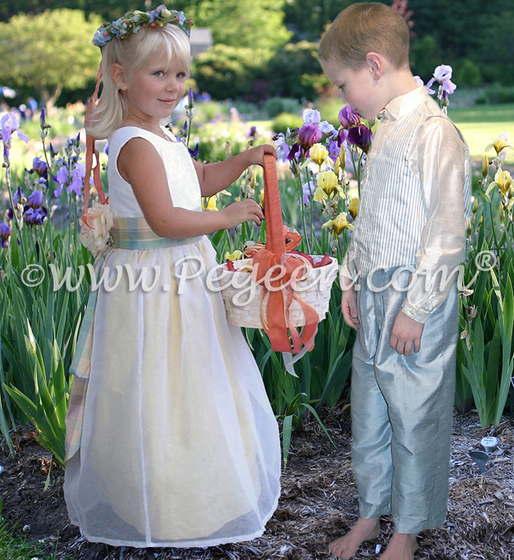 From Pegeen Classics - Girls Flower Girl Dress Style 313 with plaid sash and matching ringbearer suit