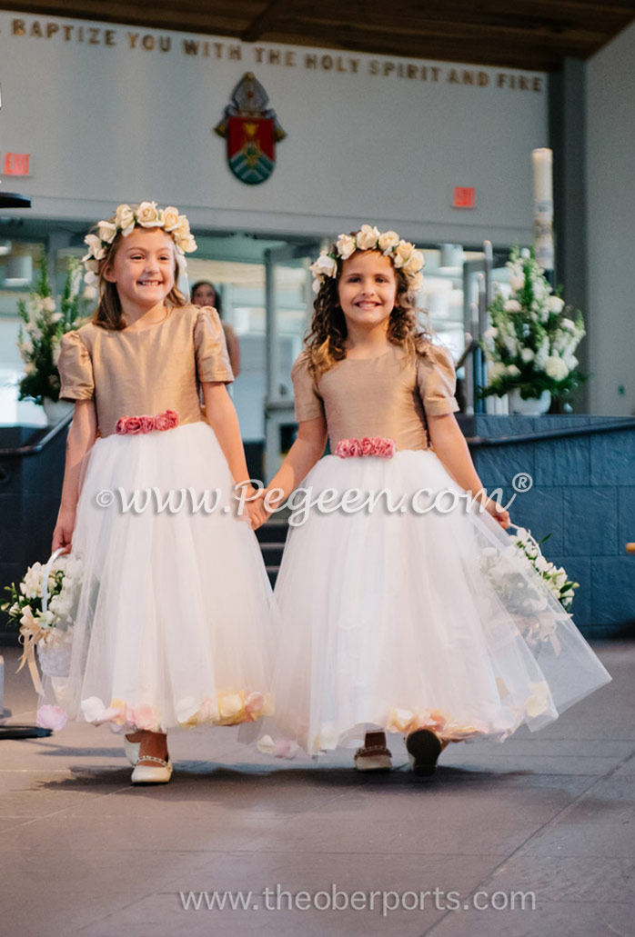 Flower Girl Dress trimmed with peach, Tuscan and ivory petals and silk bodice in special Tuscan colored silk. Pegeen Classics Style 331
