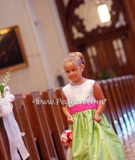 From Pegeen Classics - Girls Flower Girl Dresses in Apple Green and Shock Pink