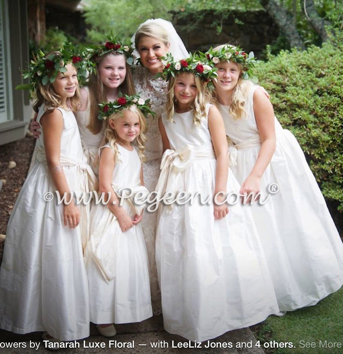 Ivory Flower Girl Dresses with champagne (toffee) sash