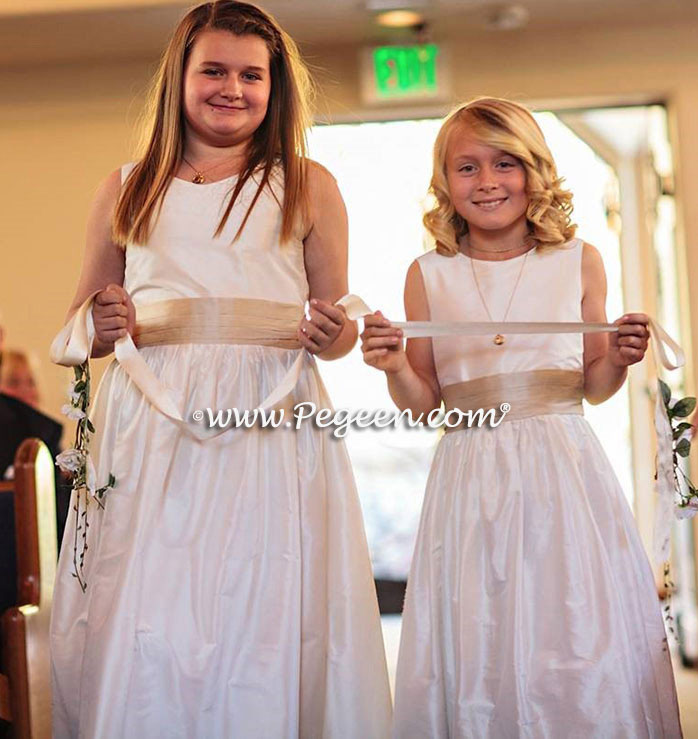 Jr. Bridesmaids dresses in new ivory silk with wheat sash Style 398 by Pegeen
