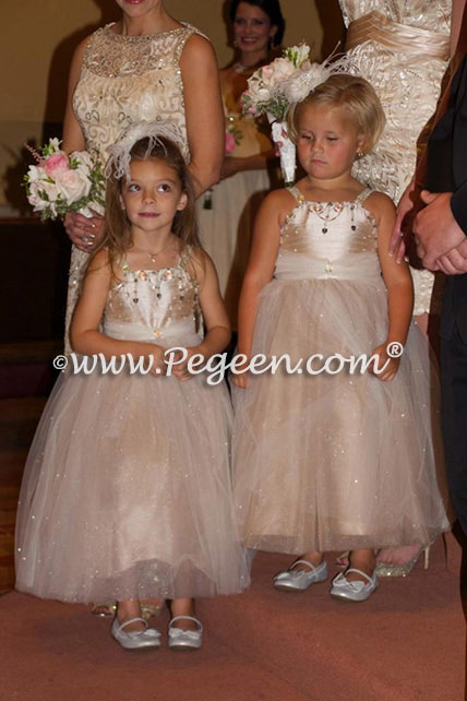Flower girl dresses 904 in toffee and champagne tulle and silk