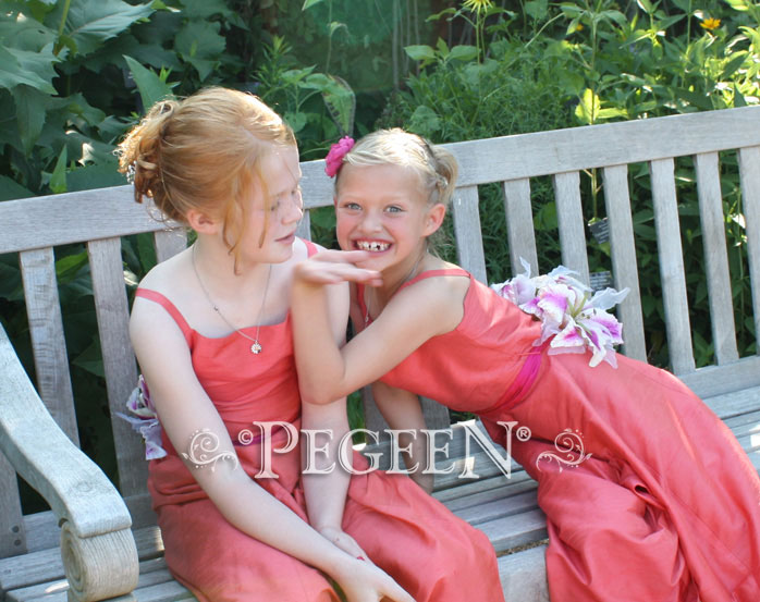 Jr. Bridesmaids in Melon dark peach and sorbet hot pink Pegeen Couture style 423
