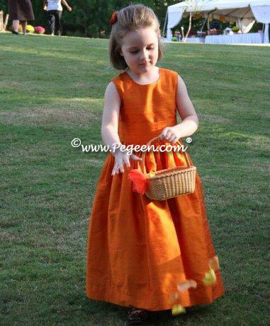 Carrot (orange) and Autumn (rust-orange) silk flower girl girl dresses - Pegeen Classic Style 318