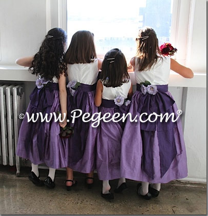 Periwinkle and Grape (Purple) Custom Silk flower girl dresses with silk flowers and back bustle