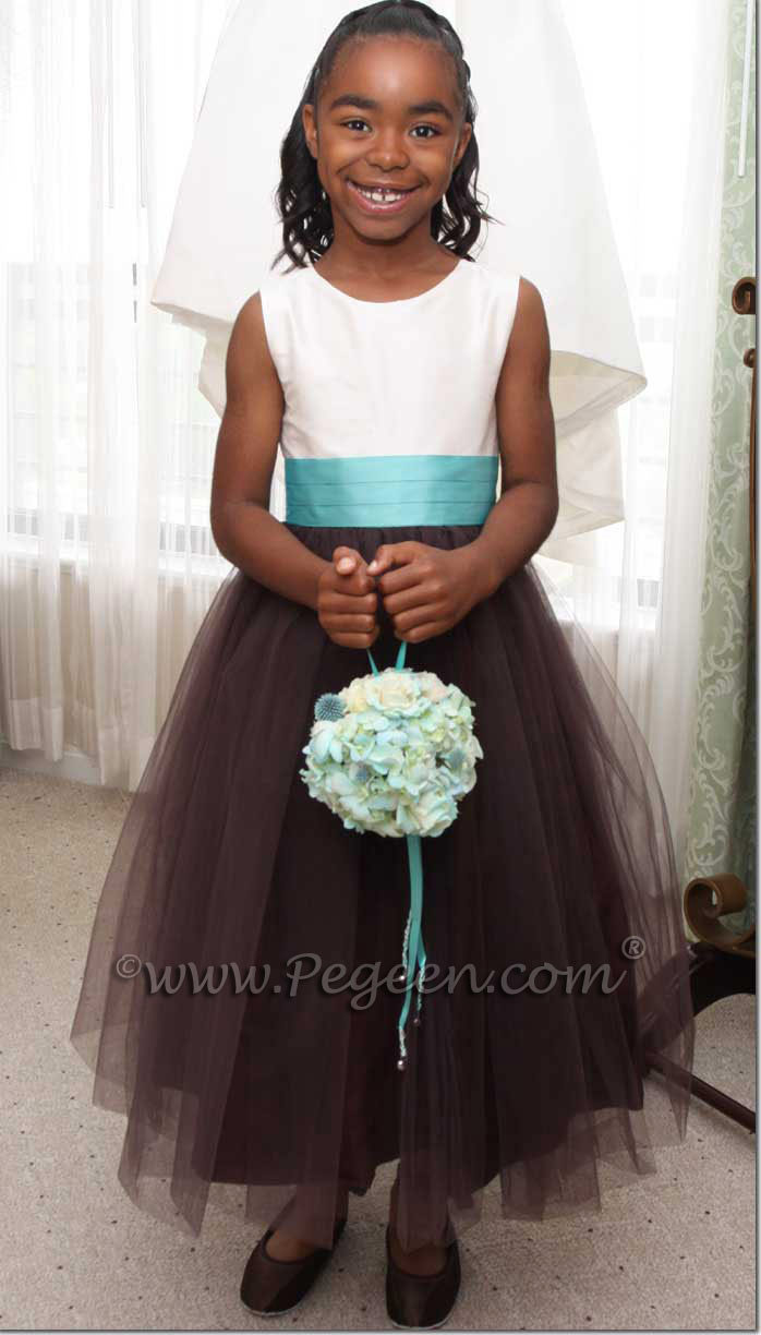 Flower girl dresses in Chocolate with Semi-Sweet Skirt and Tulle, Tiffany Blue Sash and Antique White Silk Bodice - Style 356