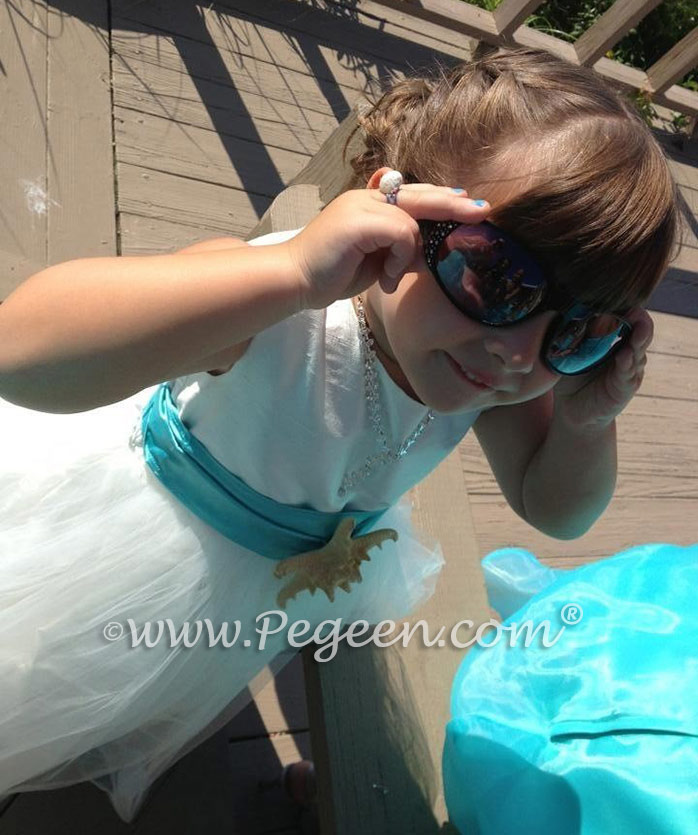 Antique White and Bahama Breeze (tiffany) Custom Silk Flower Girl Dresses with Sea Shell Trim by Pegeen Classics style 333