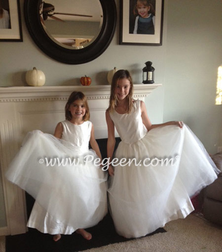 White Silk and Tulle Flower Girl Dresses by Pegeen Classics style 402
