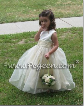  Antique White and sunflower yellow tulle and silk flower girl dresses