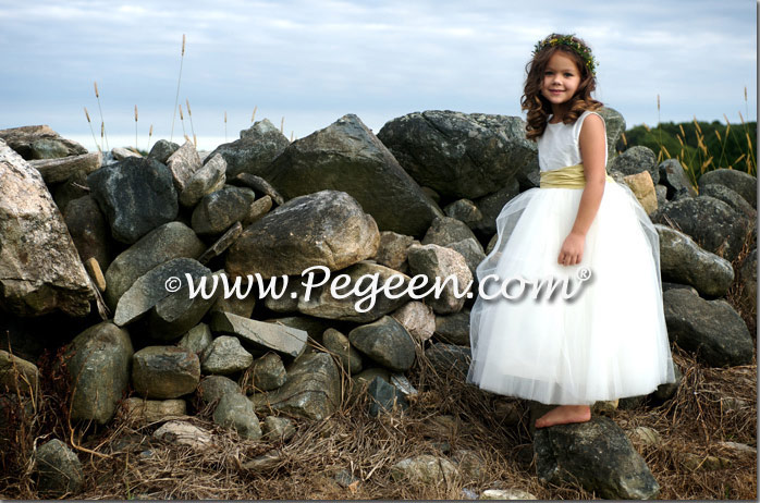Antique White and sunflower yellow tulle and silk flower girl dresses