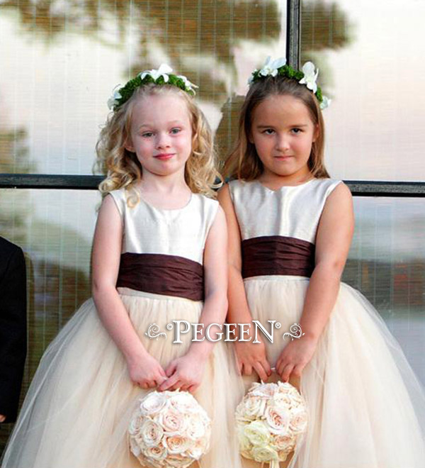 New Ivory Tulle and Chocolate Brown flower girl dress with organza