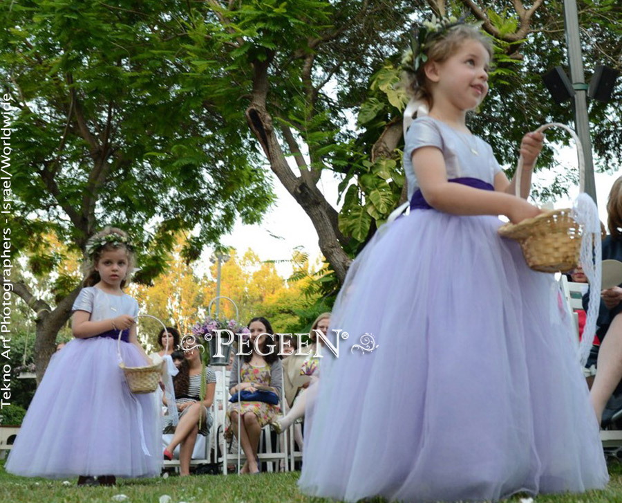 Layered Lavender and Peri Silk Tulle Flower Girl Dress and Plum Sashes