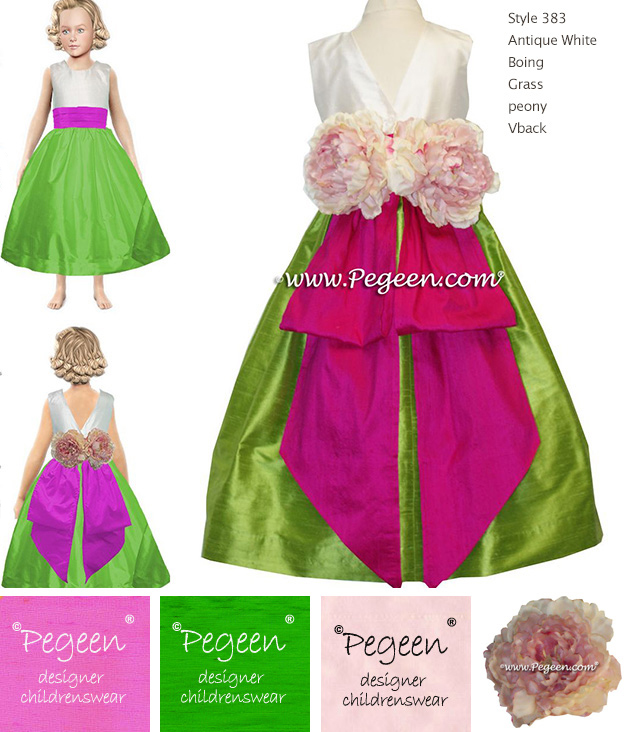 Hot pink and green flower girl dress Style 383 V-Back