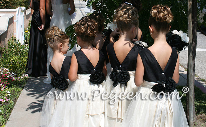 Flower girl dress in black and new ivory silk and organza
