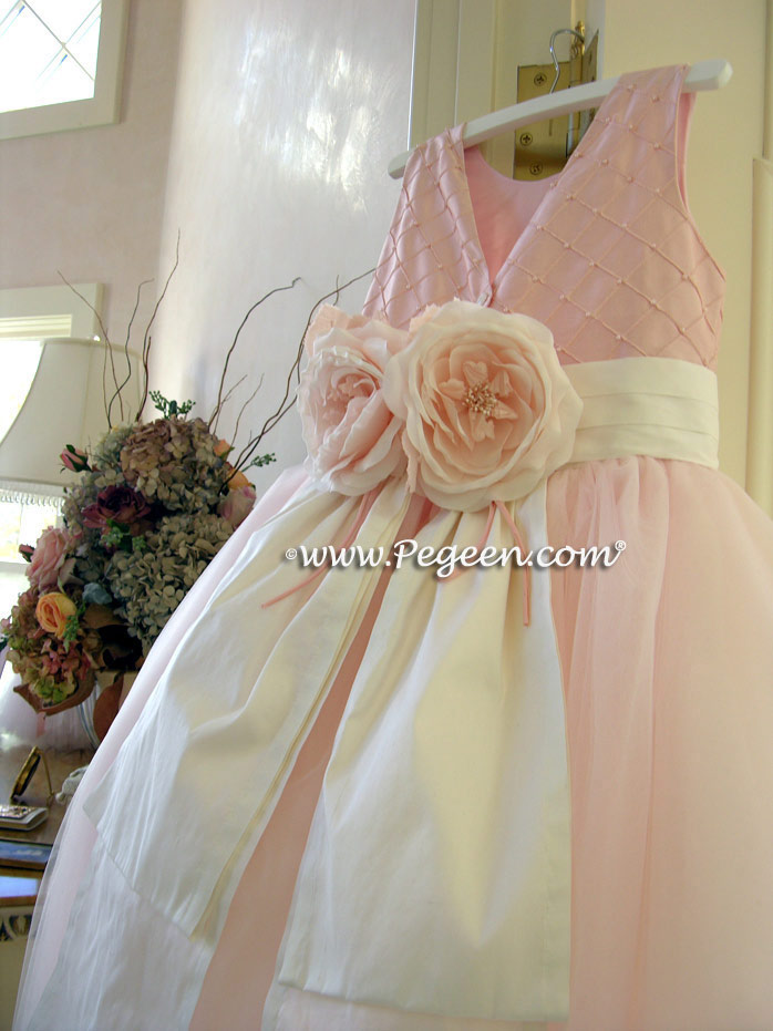 Pegeen's petal pink silk with trellis pintucks and pearls Tulle FLOWER GIRL DRESSES with 10 layers of tulle