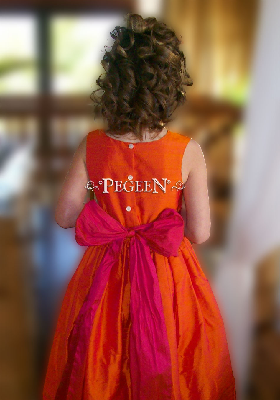 Mango and Raspberry silk flower girl dresses in silk style 398 by Pegeen