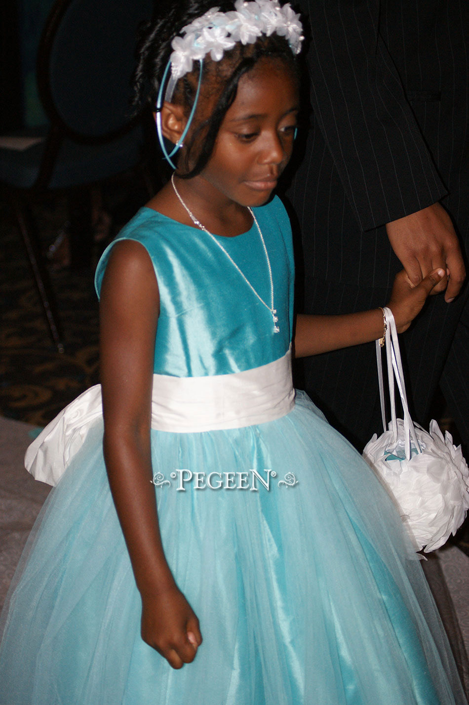 Flower girl dress in  Tiffany blue silk, Antique White with Aqua tulle | Pegeen
