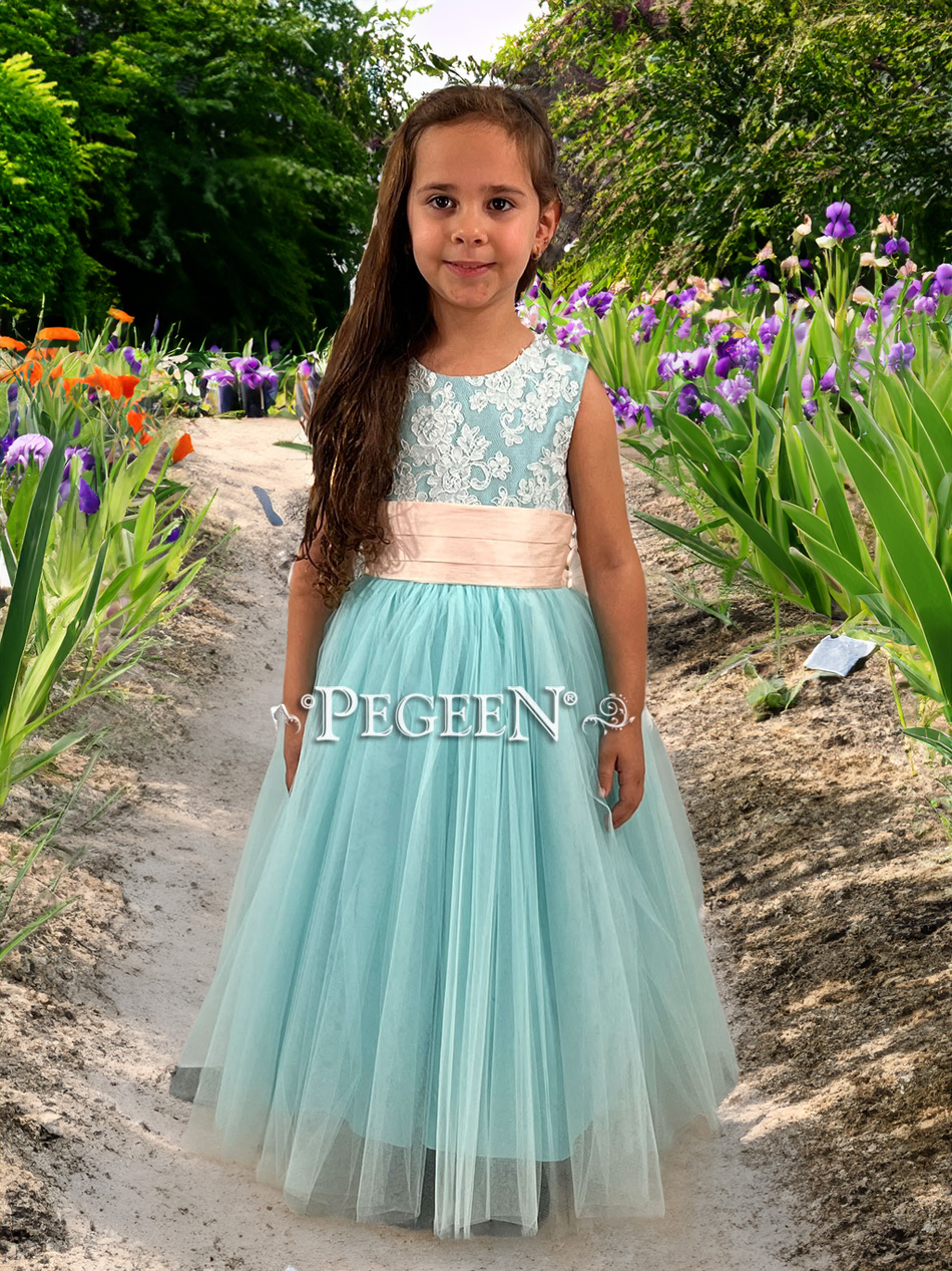 Flower girl dress Style 413 aloncon lace and tulle in Tiffany Blue